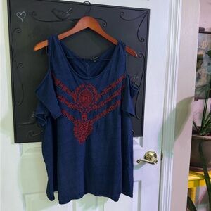 Lucky Brand Navy and Red Cold-Shoulder Embroidered Blouse